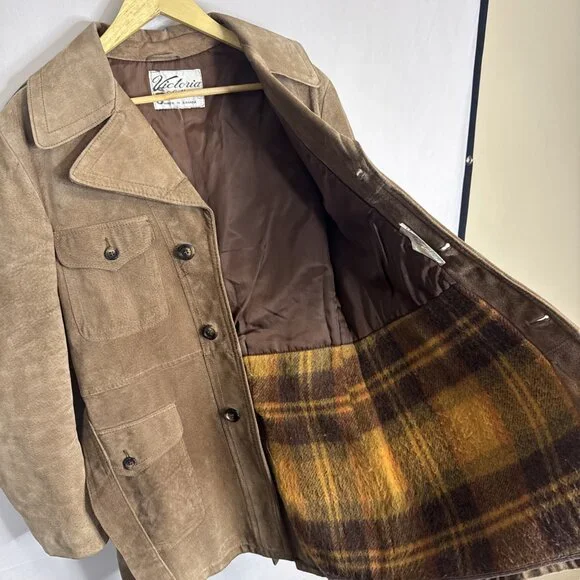 1970s Victoria Leather Suede Belted Safari Jacket Plaid Lined Canada